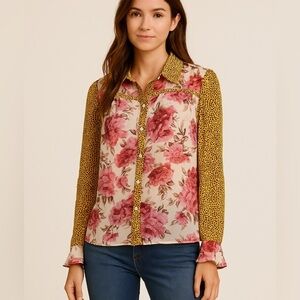Pistol Rose Floral and Leopard Print Women's Button Up Long Sleeve Blouse